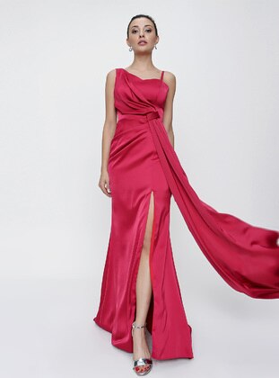 Fully Lined - Fuchsia - V neck Collar - Evening Dresses - By Saygı