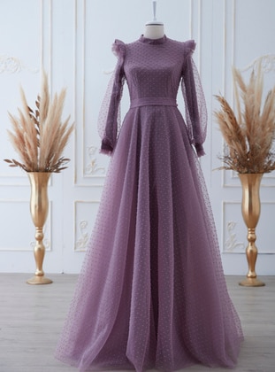Lilac - Fully Lined - Crew neck - Modest Evening Dress - Aslan Polat