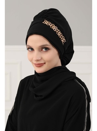 Design Chiffon Readymade Turban With Gold Color Accessories,Black,Ht 28 Instant Scarf