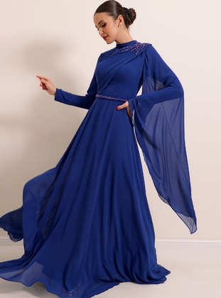 Shoulder And Waist Bead Detailed Lined Chiffon Long Hijab Evening Dress Sax