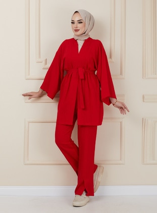 Red - Unlined - V neck Collar - Suit - Olcay