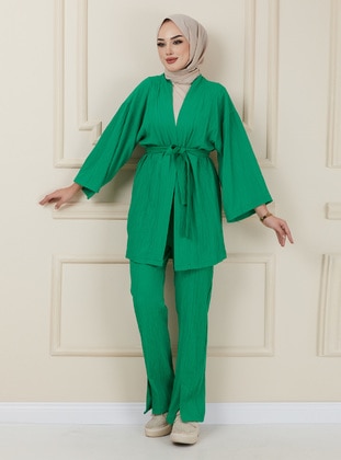 Green - Unlined - V neck Collar - Suit - Olcay