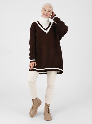 Brown - Unlined - V neck Collar - Knit Sweaters - Benin