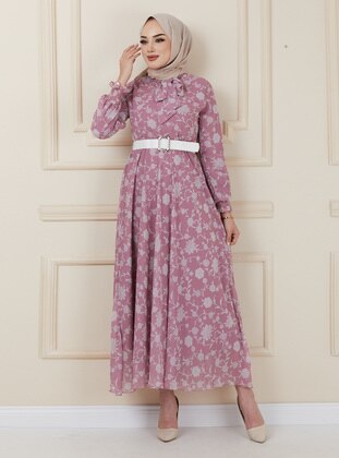 Pink - Multi - Crew neck - Fully Lined - Modest Dress - Olcay