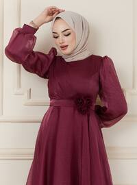 Maroon - Fully Lined - Crew neck - Modest Evening Dress