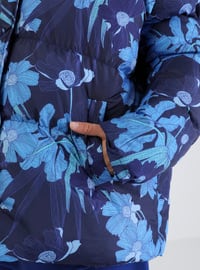 Floral Patterned Fiber Filled Coat Blue Floral Pattern