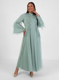 Green Almond - Fully Lined - Crew neck - Modest Plus Size Evening Dress