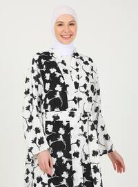 White - Black - Floral - Unlined - V neck Collar - Abaya