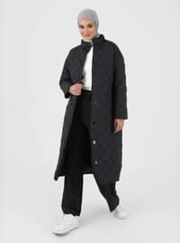 Button Detailed High Collar Quilted Coat Black