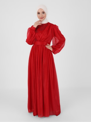 Red - Fully Lined - Crew neck - Modest Evening Dress - MEKSİLA