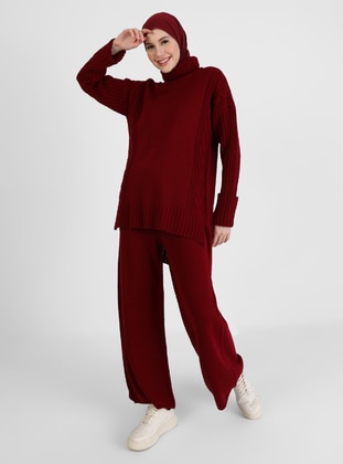 Maroon - Unlined - Polo neck - Suit - Refka