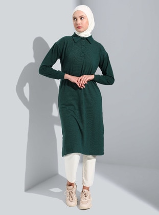 Yumoş Fabric Polo Collar Long Tunic Pine Green
