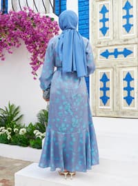 Blue - Floral - Crew neck - Unlined - Modest Dress