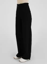 Fringe Detailed Wide Leg Denim Trousers Black