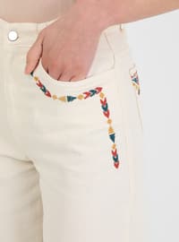 Natural Fabric Embroidery Detailed Denim Pants Ecru