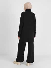 High Collar Back Long Sweater Suit Black