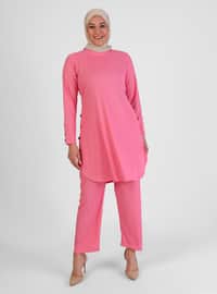 Pink - Crew neck - Unlined - Plus Size Suit
