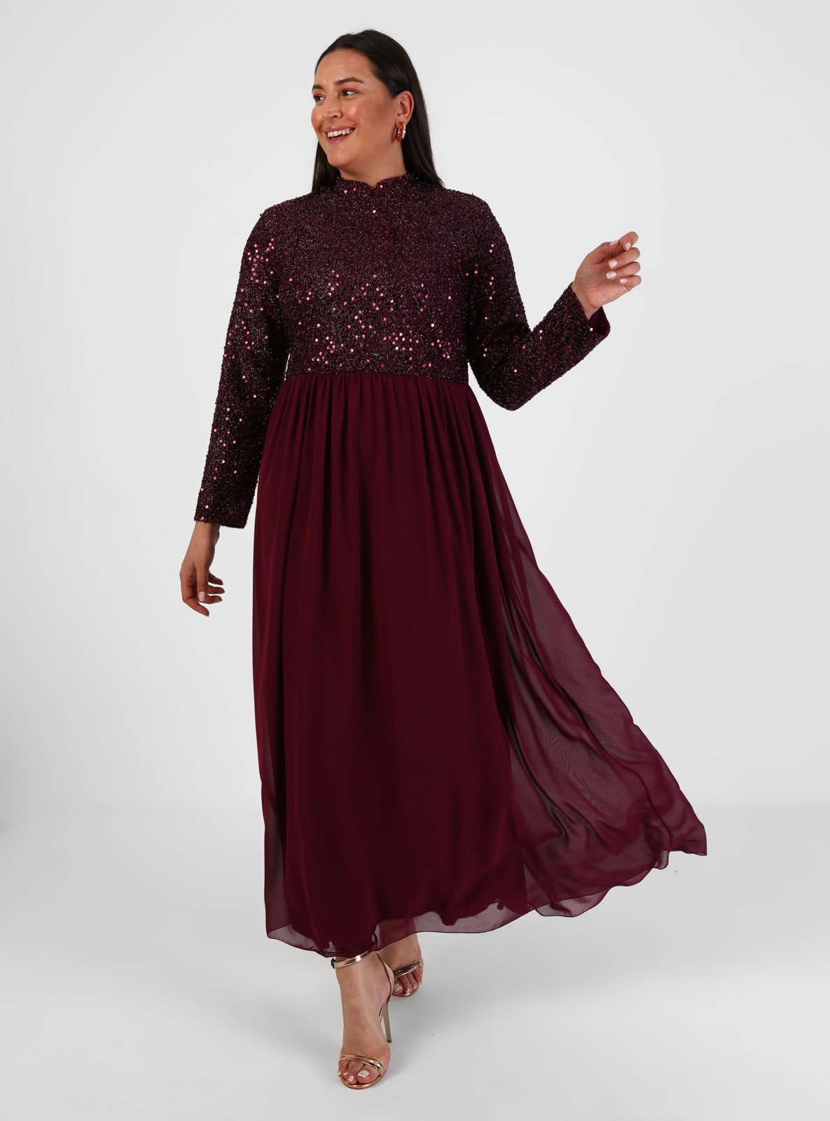 Maroon - Fully Lined - neck - Modest Plus Size Evening Dress