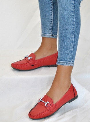 Red - Flat - Flat Shoes - Pembe Potin