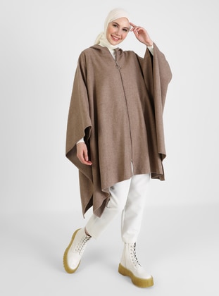 Brown - Crew neck - Unlined - Poncho - Refka