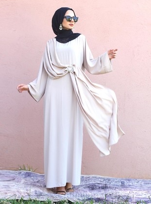 Medina Silk Stone Buckle Abaya Modest Dress Cream-Beige