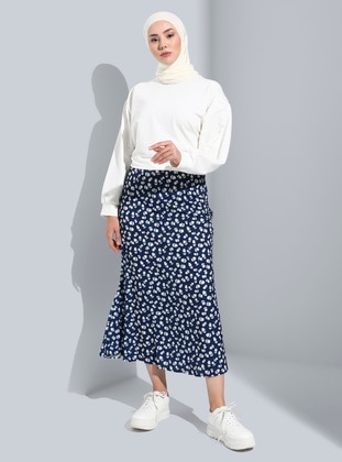 Floral Patterned Long Skirt Navy Blue