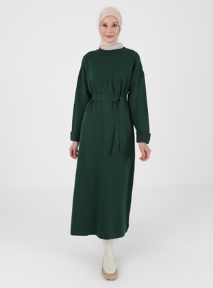 Belt Detailed Tricot Modest Dress Emerald Green