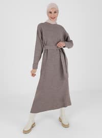 Belt Detailed Tricot Modest Dress Mink