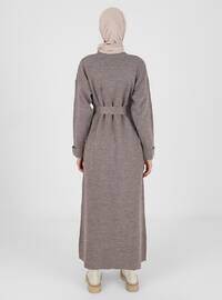 Belt Detailed Tricot Modest Dress Mink