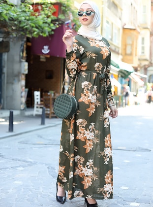  - Floral - Crew neck - Unlined - Modest Dress - Womayy