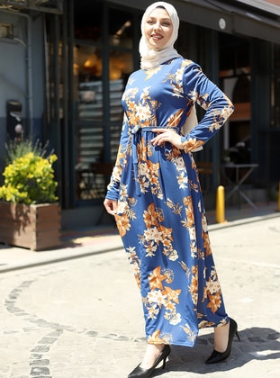 Blue - Floral - Crew neck - Unlined - Modest Dress - Womayy