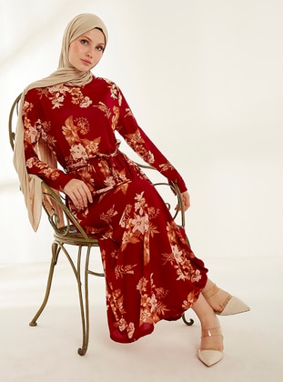 Maroon - Floral - Crew neck - Unlined - Modest Dress - Womayy