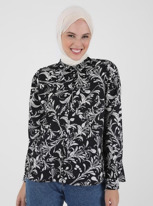 Black - Floral - Point Collar - Blouses - Refka