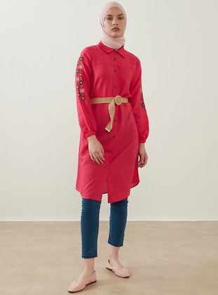 Hand Embroidered Straw Belt Tunic With Hand Embroidered Sleeves Fuchsia