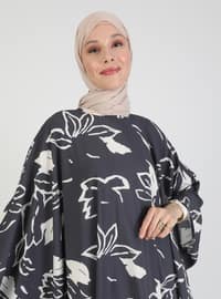 Beige - Black - Printed - Floral - Multi - Unlined - Crew neck - Abaya