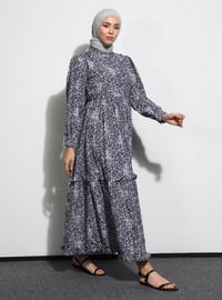 Gray - Leopard - Crew neck - Unlined - Modest Dress