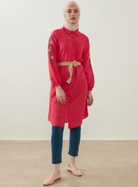 Hand Embroidered Straw Belt Tunic With Hand Embroidered Sleeves Fuchsia