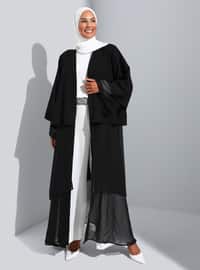 Evening Dress Abaya With Chiffon Detail And Cape Black