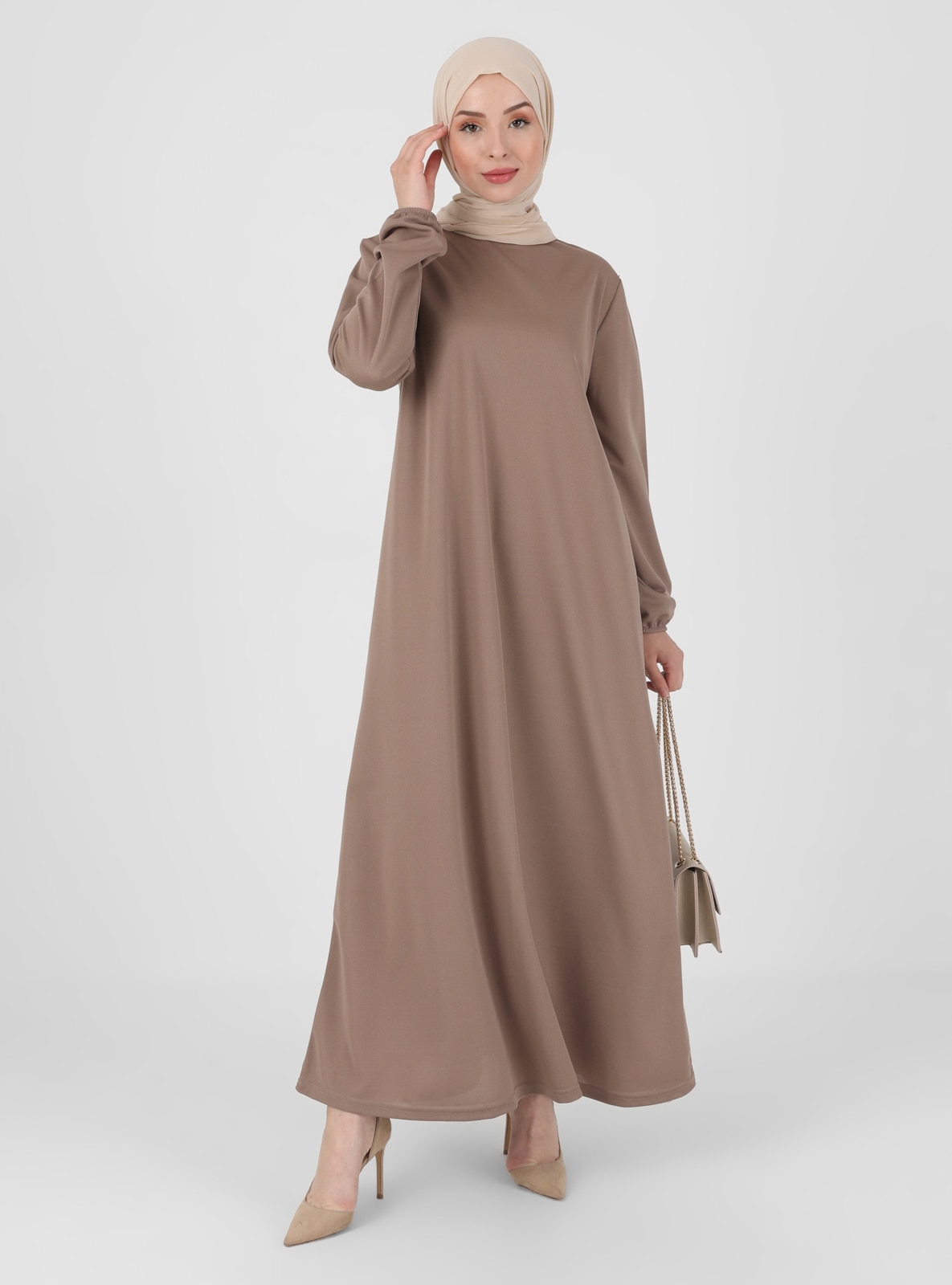 Beige - Crew neck - Unlined - Modest Dress