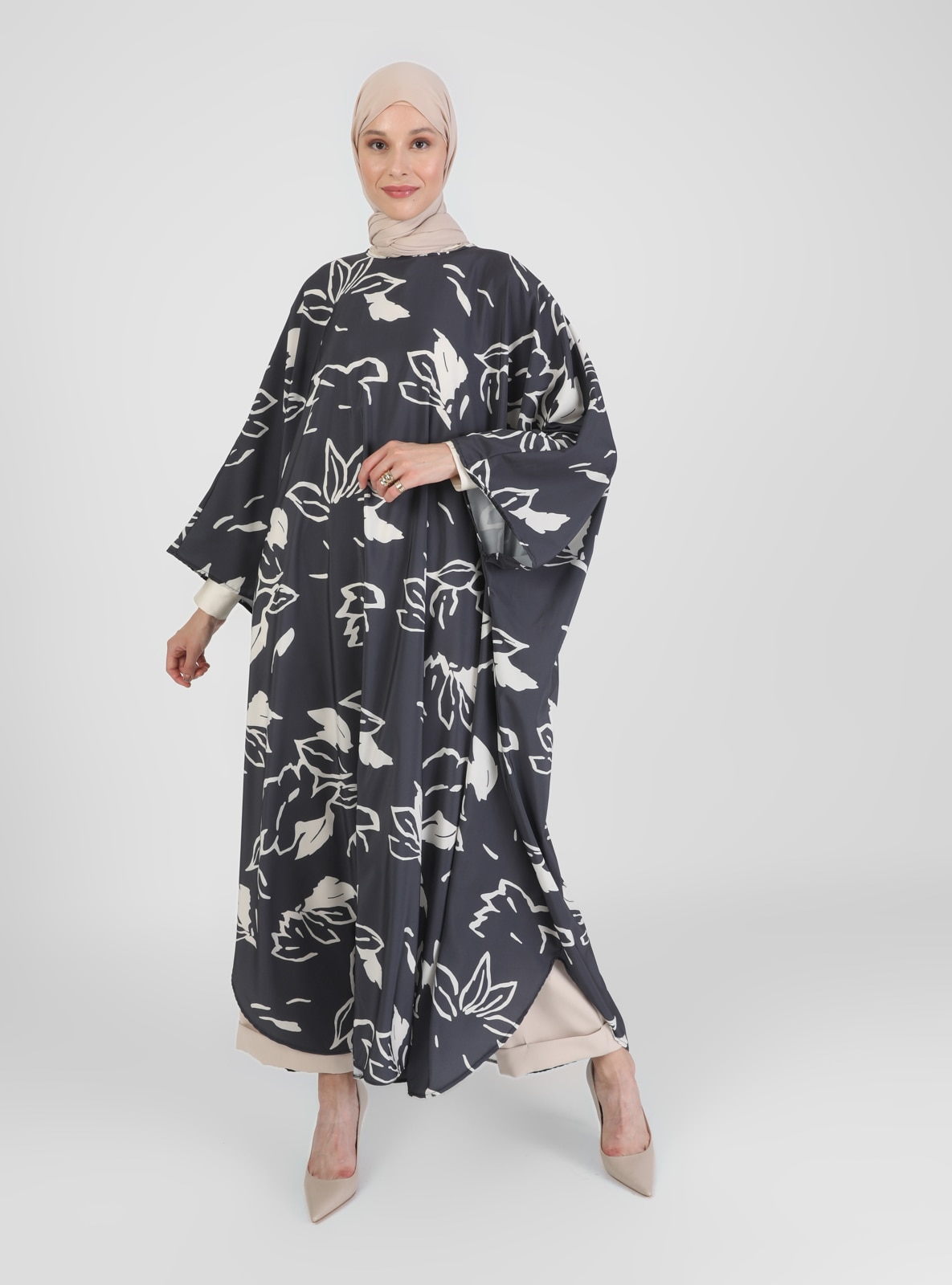 Beige - Black - Printed - Floral - Multi - Unlined - Crew neck - Abaya
