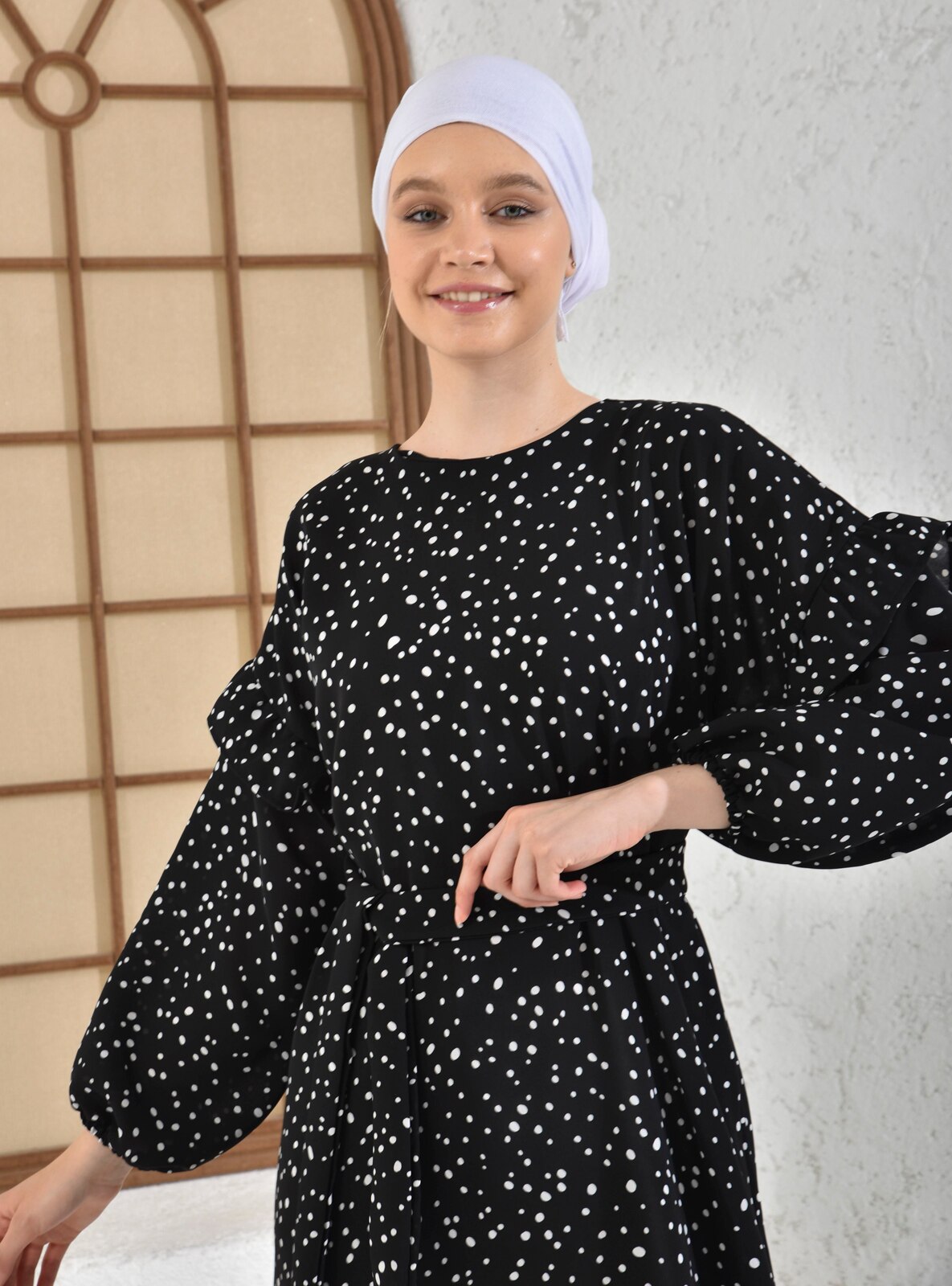 Black Polka Dot Crew neck Unlined Modest Dress