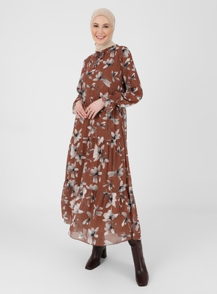 Copper - Gray - Floral - Crew neck - Fully Lined - Modest Dress - Refka