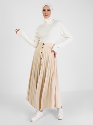 Suede Pleated And Button Detailed Skirt Beige