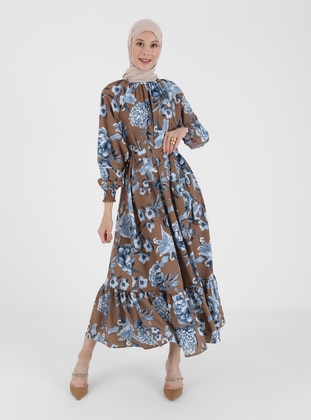 Copper - Multi - Blue - Floral - Crew neck - Unlined - Modest Dress - Refka