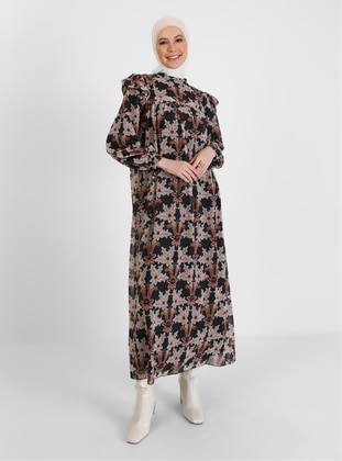 Black - Floral - Crew neck - Fully Lined - Modest Dress - Refka