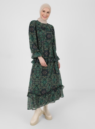 Chiffon Modest Dress With Ruffle And Flywheel Details Green