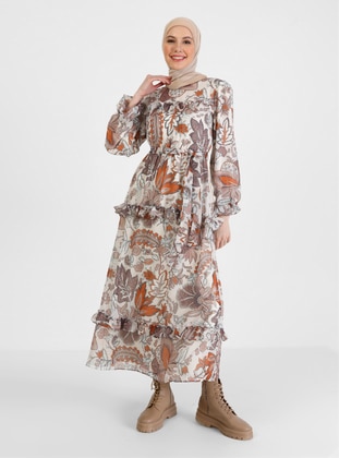 Floral Patterned Modest Dress Brown