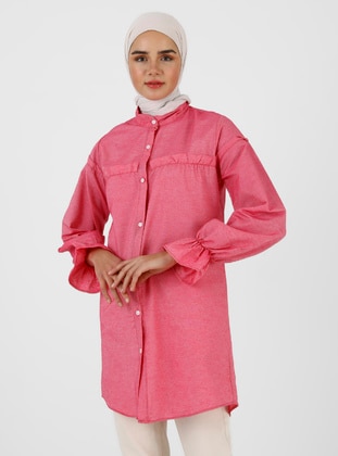 Front Button Down Tunic Fuchsia With Chest And Sleeve Ruffles