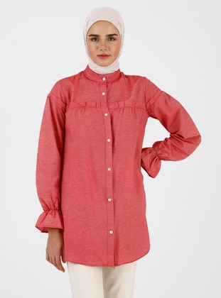 Chest And Sleeve Ruffle Front Button Down Tunic Rose