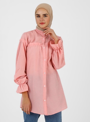 Chest And Sleeve Frill Front Button Down Tunic Powder